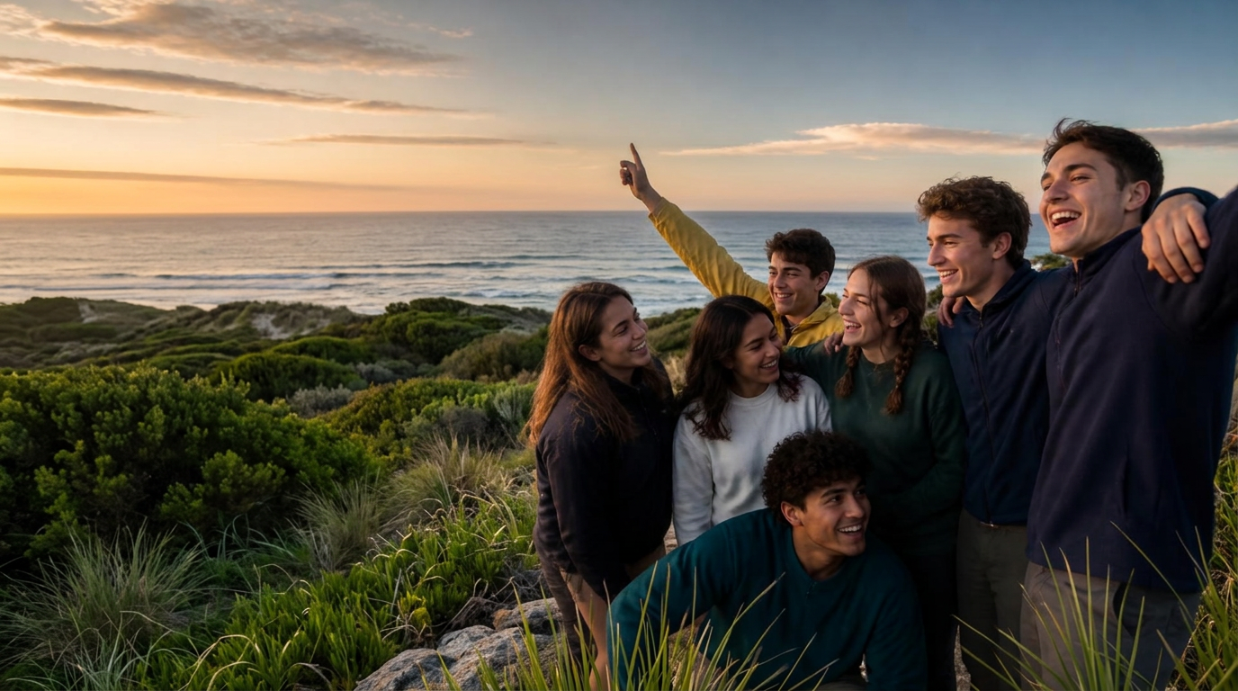 Grupo de jóvenes disfrutando un viaje frente al mar al atardecer